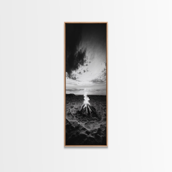 Peaceful Beach Fire, Twilight Shore, Ocean Ember, Tranquil Seascape, Framed Canvas Print, Autumn Wall Art, Rustic Nature Room Decor
