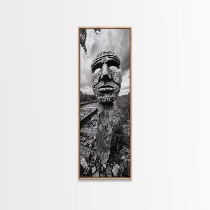 Tribal Mask, Railway Art, Abstract Face, Canvas Print, Surreal Wall Art, Eclectic Living Room Decor, Boho Urban Art, Monochrome Photography