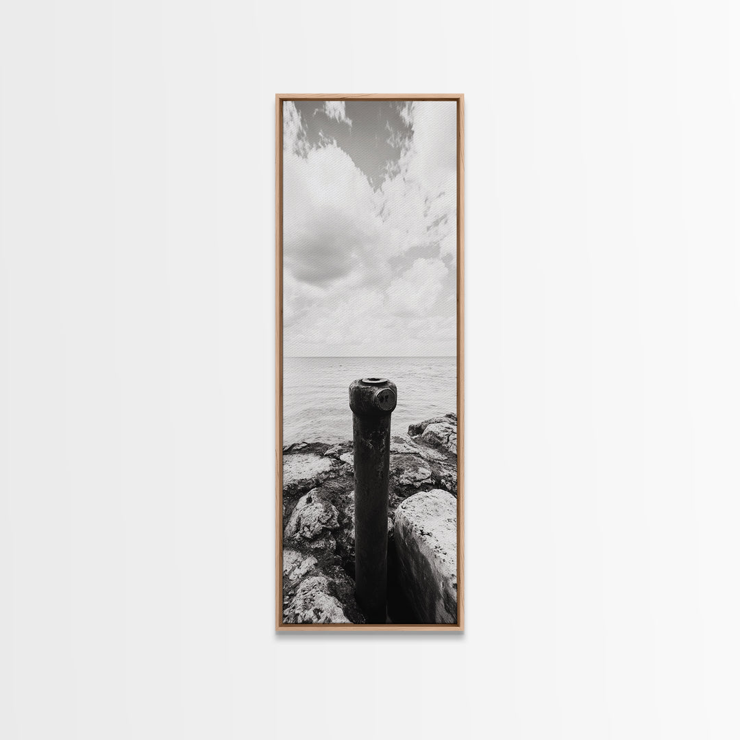 Coastal Pipe, Ocean View, Rusted Metal, Framed Canvas Print, Industrial Nautical Art, Bathroom Wall Decor, Minimal Seaside Landscape