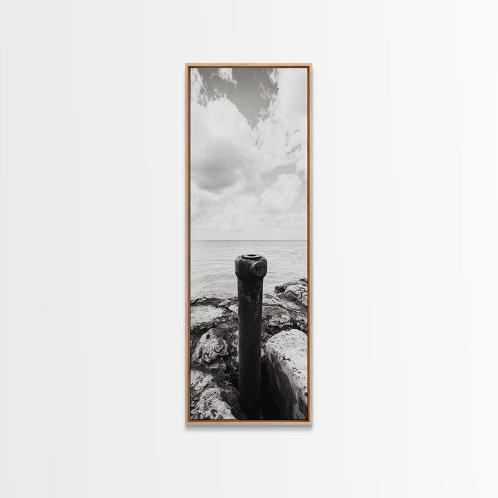 Coastal Pipe, Ocean View, Rusted Metal, Framed Canvas Print, Industrial Nautical Art, Bathroom Wall Decor, Minimal Seaside Landscape