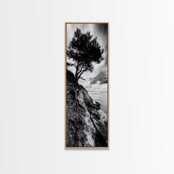 Cliff Tree, Coastal Roots, Dramatic Landscape, Framed Canvas Print, Bold Nature Wall Art, Modern Black And White Decor, Fall Office Accent