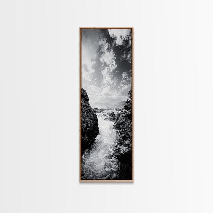 Waterfall Rocks, Mountain Mist, River Flow, Canvas Print, Black And White Landscape Art, Nature Bedroom Decor, Zen Retreat Wall Piece