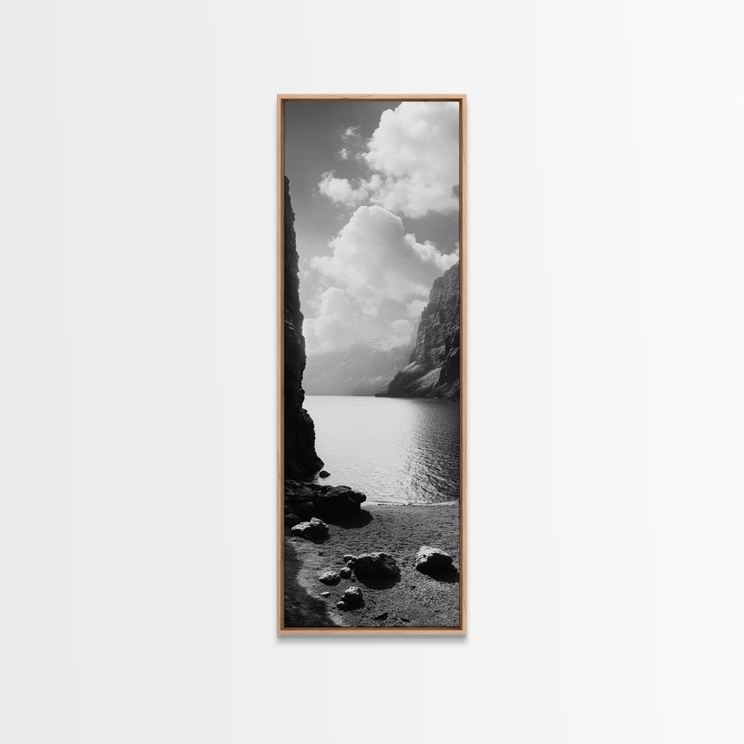 Fjord Mountain Lake, Scenic Nordic Landscape, Tranquil Nature Print, Minimalist Wall Art, Bedroom Decor, Framed Canvas Print