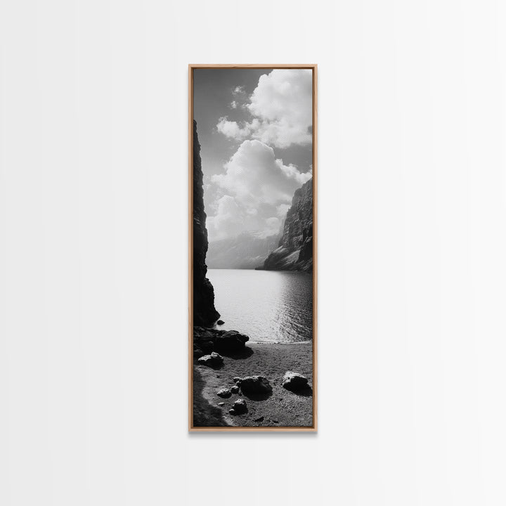 Fjord Mountain Lake, Scenic Nordic Landscape, Tranquil Nature Print, Minimalist Wall Art, Bedroom Decor, Framed Canvas Print