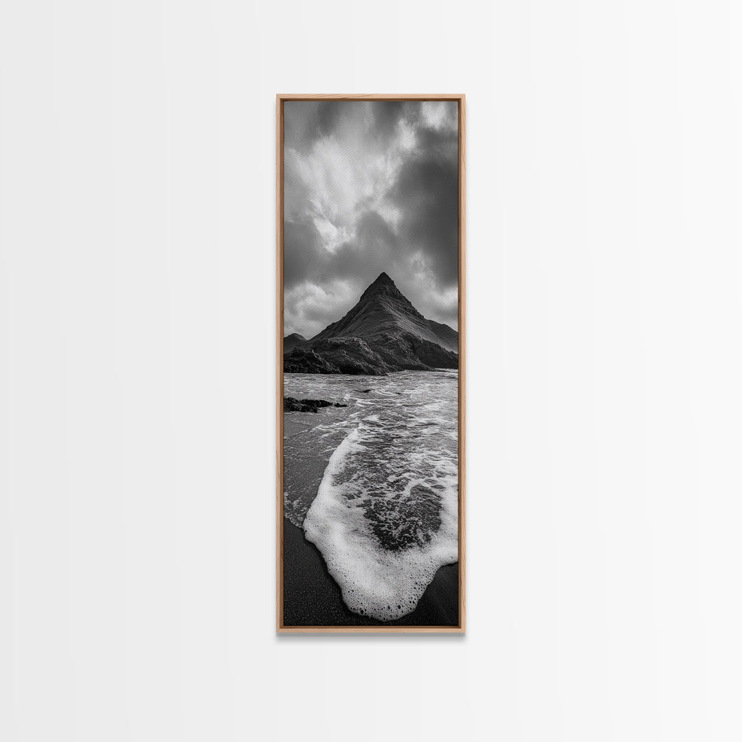 Dramatic Seaside Peak, Coastal Mountain Wall Art, Black Beach Photography, Bold Nature Decor, Canvas Print, Living Room Art