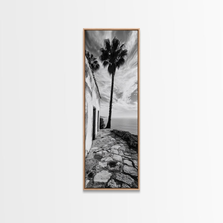 Coastal Palm Tree, Rustic Seaside Wall Art, Mediterranean Courtyard Print, Tropical Summer Decor, Framed Canvas Print, Kitchen Art