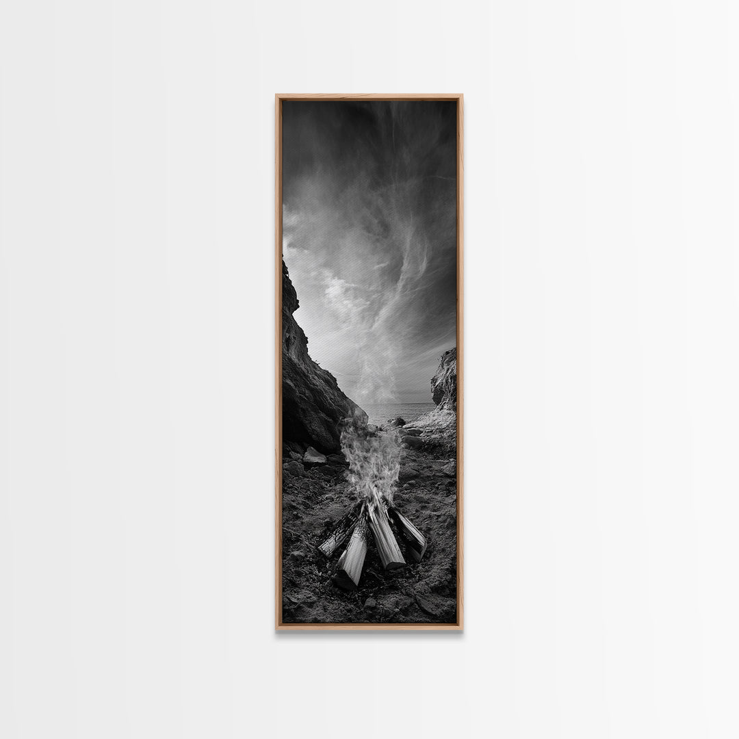 Campfire Smoke, Rocky Coastline, Moody Skies, Autumn Nature, Framed Canvas Print, Rustic Wall Decor, Cabin Aesthetic, Living Room Art