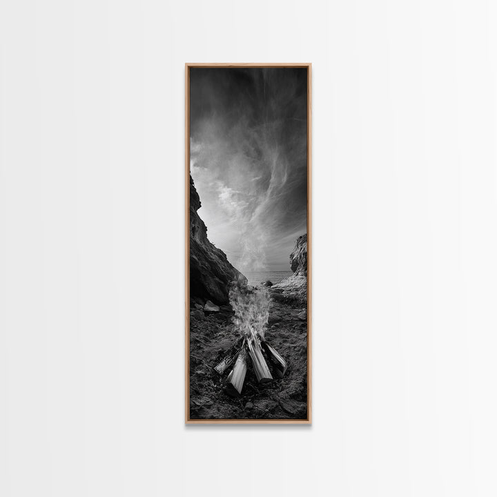 Campfire Smoke, Rocky Coastline, Moody Skies, Autumn Nature, Framed Canvas Print, Rustic Wall Decor, Cabin Aesthetic, Living Room Art