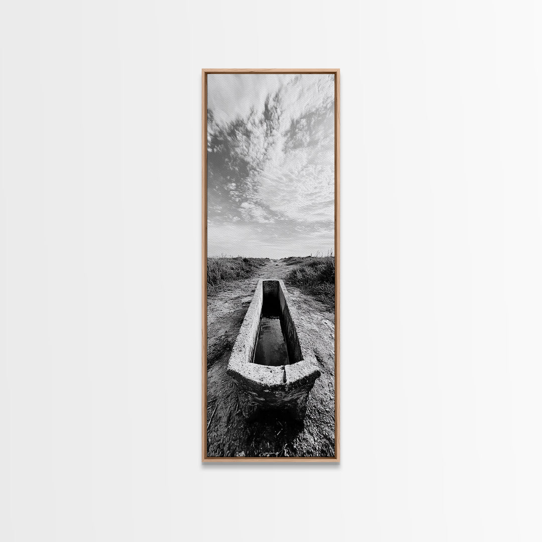 Rustic Trough Scene, Country Minimalist Art, Weathered Landscape Print, Nature Photography, Farmhouse Kitchen Decor, Framed Canvas Print