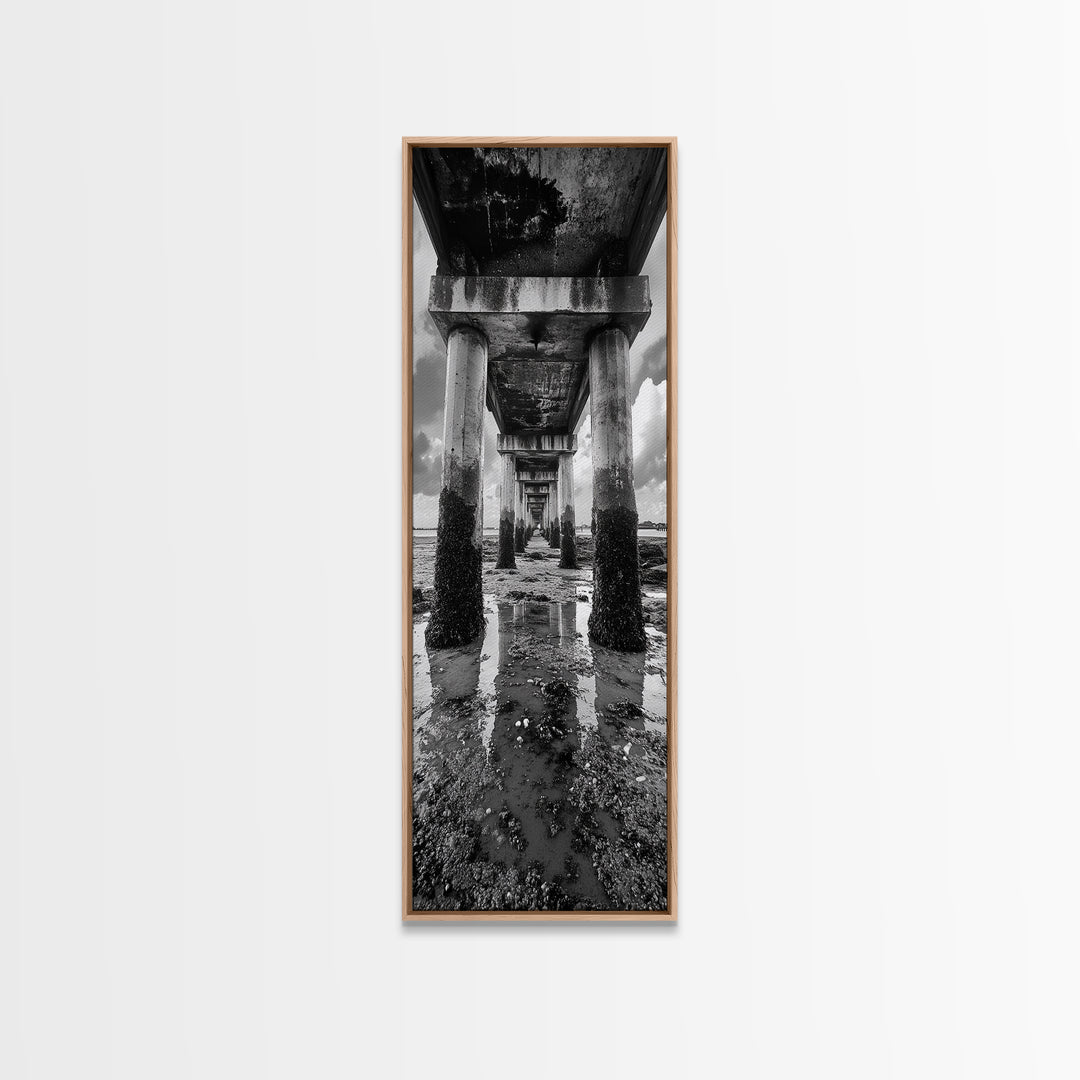 Pier Perspective, Symmetrical Architecture Art, Coastal Concrete Structure, Industrial Minimalist Decor, Framed Canvas Print