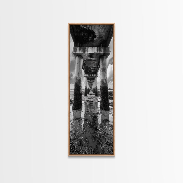 Pier Perspective, Symmetrical Architecture Art, Coastal Concrete Structure, Industrial Minimalist Decor, Framed Canvas Print