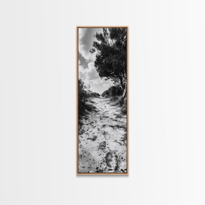 Sandy Trail Path, Coastal Forest Walk, Nature Photography, Framed Canvas Print, Boho Bedroom Wall Art, Minimalist Seaside Home Decor