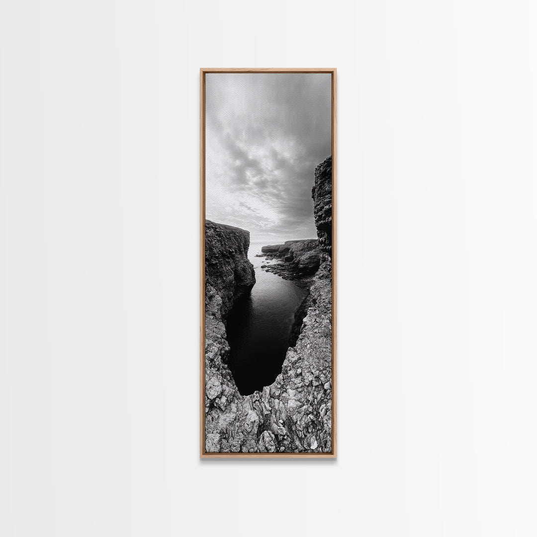 Seaside Cliffscape, Ocean Horizon, Monochrome Nature Scene, Framed Canvas Print, Coastal Living Room Art, Modern Rustic Wall Decor
