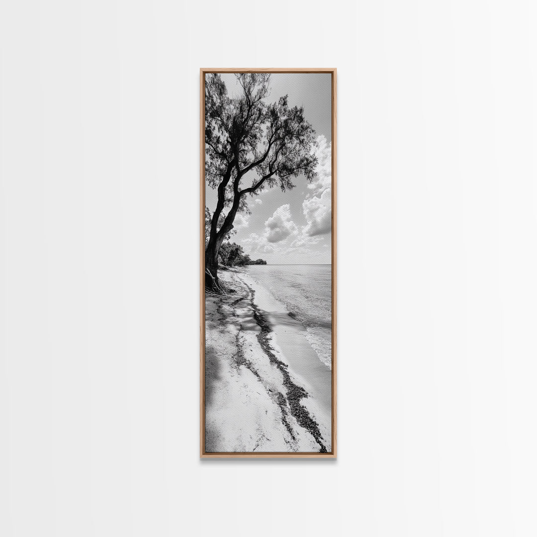 Serene Beach Tree, Calm Ocean Coast, Black White Shoreline, Framed Canvas Print, Coastal Entryway Decor, Minimal Nature Wall Art