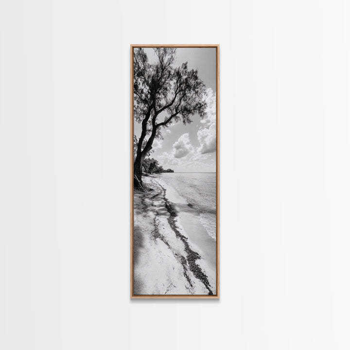 Serene Beach Tree, Calm Ocean Coast, Black White Shoreline, Framed Canvas Print, Coastal Entryway Decor, Minimal Nature Wall Art