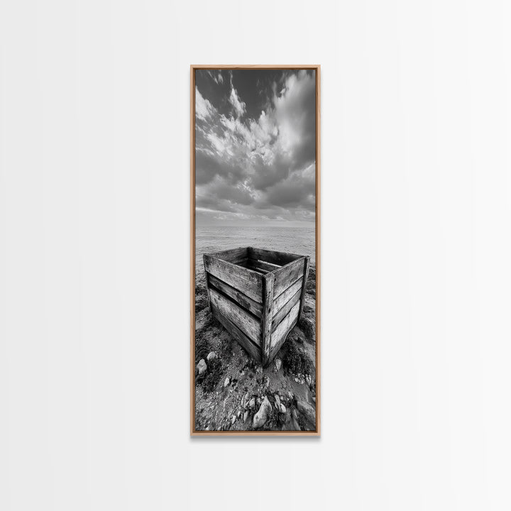 Rustic Crate, Ocean View, Weathered Wood, Coastal Still Life, Framed Canvas Print, Boho Bathroom Art, Nautical Living Room Decor