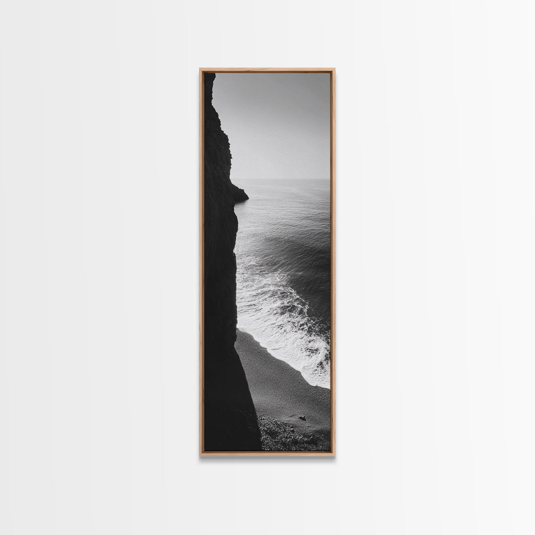 Cliffside Waves, Coastal Edge, Monochrome Serenity, Ocean Drama, Canvas Print, Moody Minimalist Art, Bathroom Art, Living Room Decor