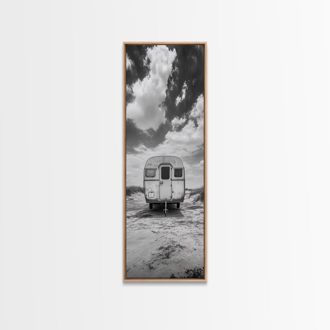 Vintage Camper, Cloudy Sky, Wanderlust Life, Desert Minimalism, Framed Canvas Print, Retro Travel Wall Art, Boho Bedroom Print, Office Art