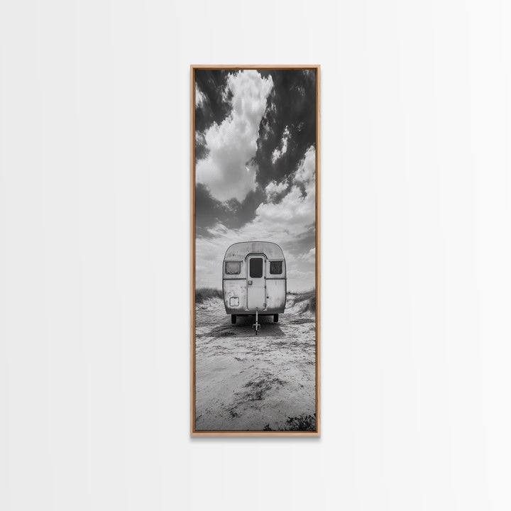 Vintage Camper, Cloudy Sky, Wanderlust Life, Desert Minimalism, Framed Canvas Print, Retro Travel Wall Art, Boho Bedroom Print, Office Art