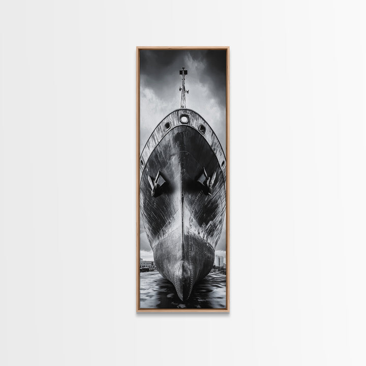 Industrial Ship, Black and White Boat, Urban Seascape, Moody Harbor, Canvas Print, Nautical Wall Art, Man Cave Art, Office Decor