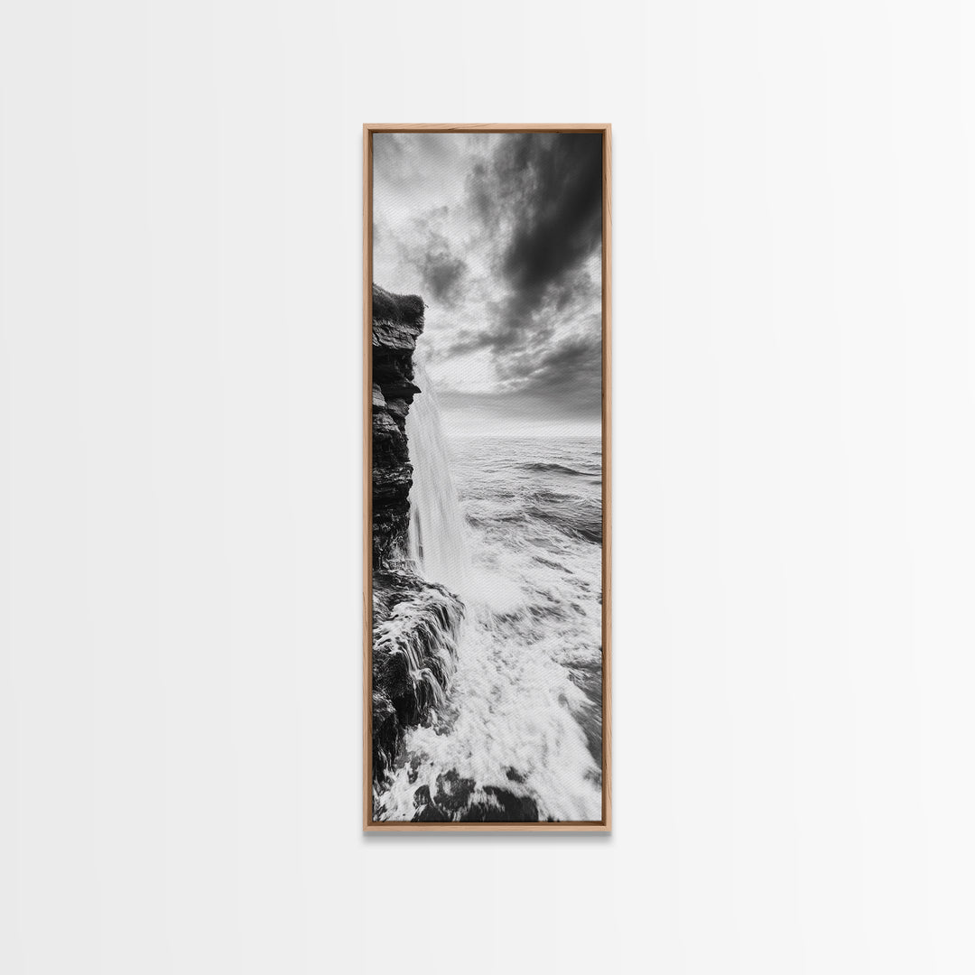 Ocean Waterfall, Coastal Nature, Monochrome Landscape, Framed Canvas Print, Minimalist Bathroom Wall Art, Black White Ocean Art