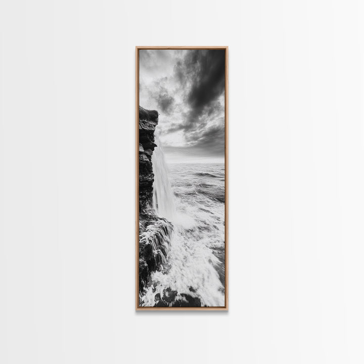 Ocean Waterfall, Coastal Nature, Monochrome Landscape, Framed Canvas Print, Minimalist Bathroom Wall Art, Black White Ocean Art