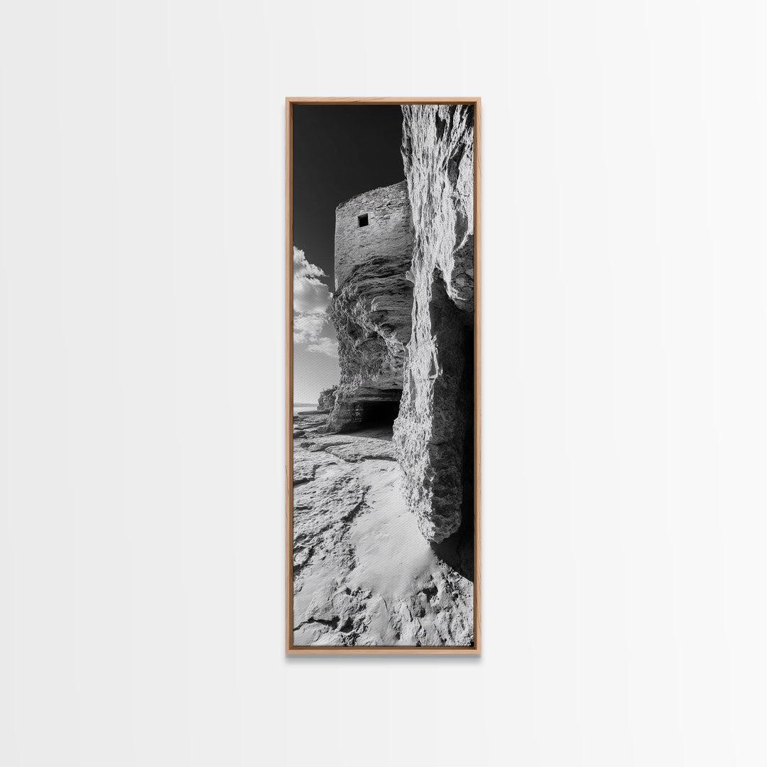 Stone Fortress, Ancient Cliffs, Coastal Ruins, Framed Canvas Print, Rustic Wall Decor, Neutral Tones Living Room Wall Art, Nature Decor