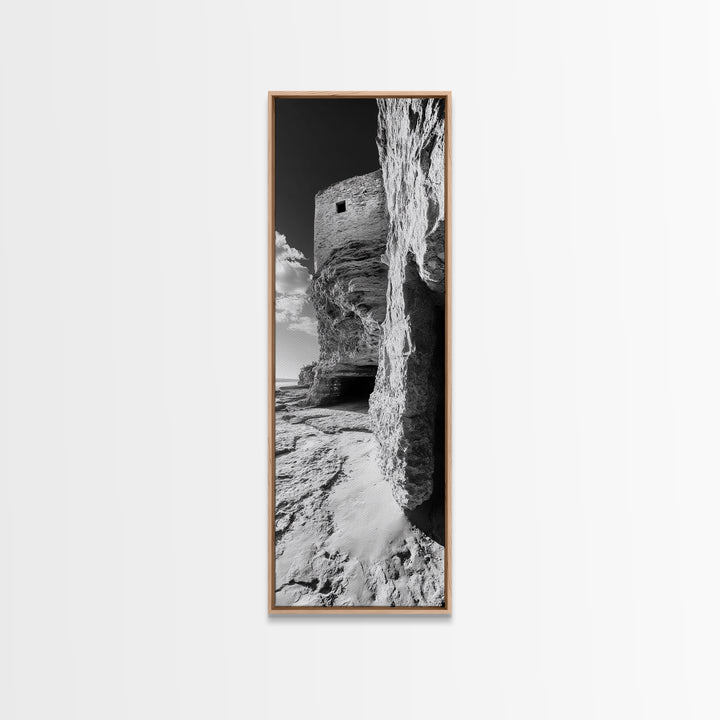 Stone Fortress, Ancient Cliffs, Coastal Ruins, Framed Canvas Print, Rustic Wall Decor, Neutral Tones Living Room Wall Art, Nature Decor
