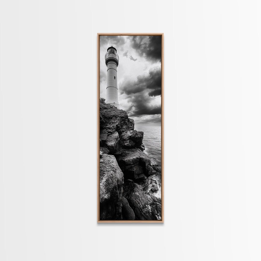 Lighthouse Coast, Stormy Sky, Black White Ocean, Framed Canvas Print, Nautical Wall Art, Rustic Beach House Living Room Decor