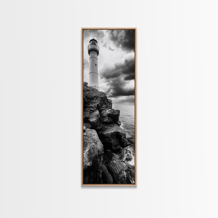 Lighthouse Coast, Stormy Sky, Black White Ocean, Framed Canvas Print, Nautical Wall Art, Rustic Beach House Living Room Decor