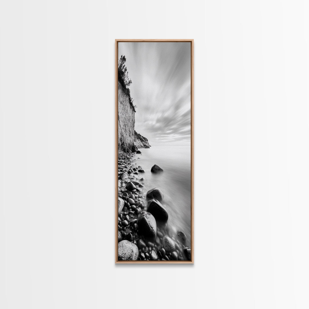 Rocky Shoreline, Coastal Calm, Seaside Mist, Canvas Print, Black White Minimalist Wall Art, Serene Bedroom or Bathroom Decor