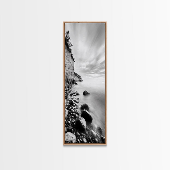 Rocky Shoreline, Coastal Calm, Seaside Mist, Canvas Print, Black White Minimalist Wall Art, Serene Bedroom or Bathroom Decor