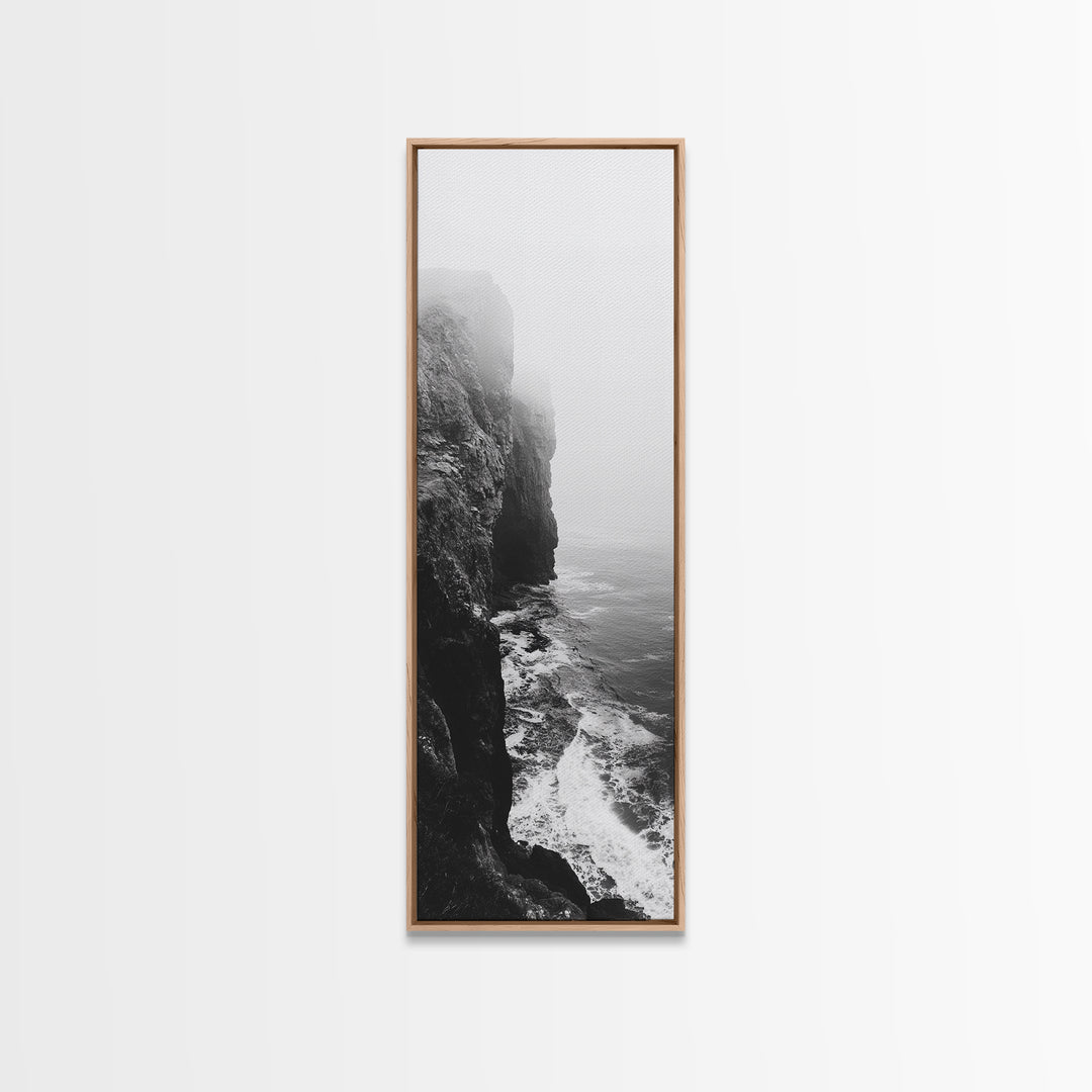 Foggy Cliffs, Moody Coast, Dramatic Seascape, Framed Canvas Print, Modern Dark Aesthetic Art, Minimalist Living Room Wall Decor