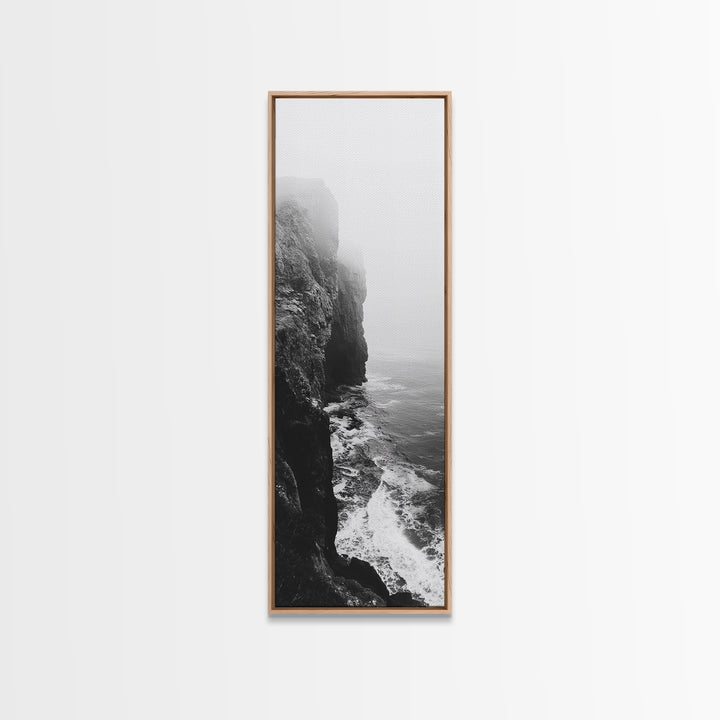 Foggy Cliffs, Moody Coast, Dramatic Seascape, Framed Canvas Print, Modern Dark Aesthetic Art, Minimalist Living Room Wall Decor