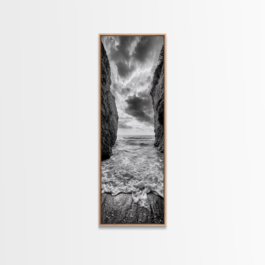 Ocean Gap, Cliffside Horizon, Black White Waves, Framed Canvas Print, Modern Coastal Wall Art, Nautical Living Room Decor,  Nature Decor