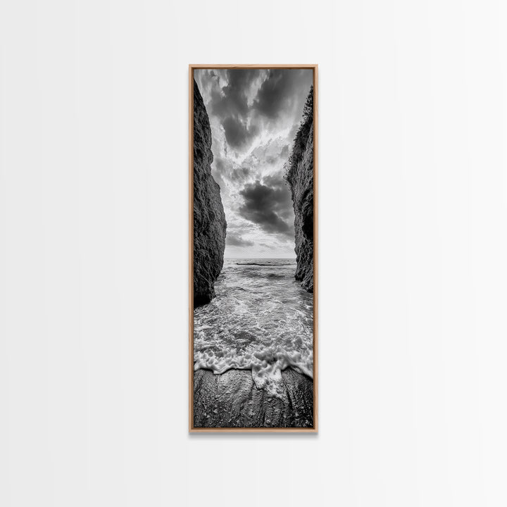Ocean Gap, Cliffside Horizon, Black White Waves, Framed Canvas Print, Modern Coastal Wall Art, Nautical Living Room Decor,  Nature Decor