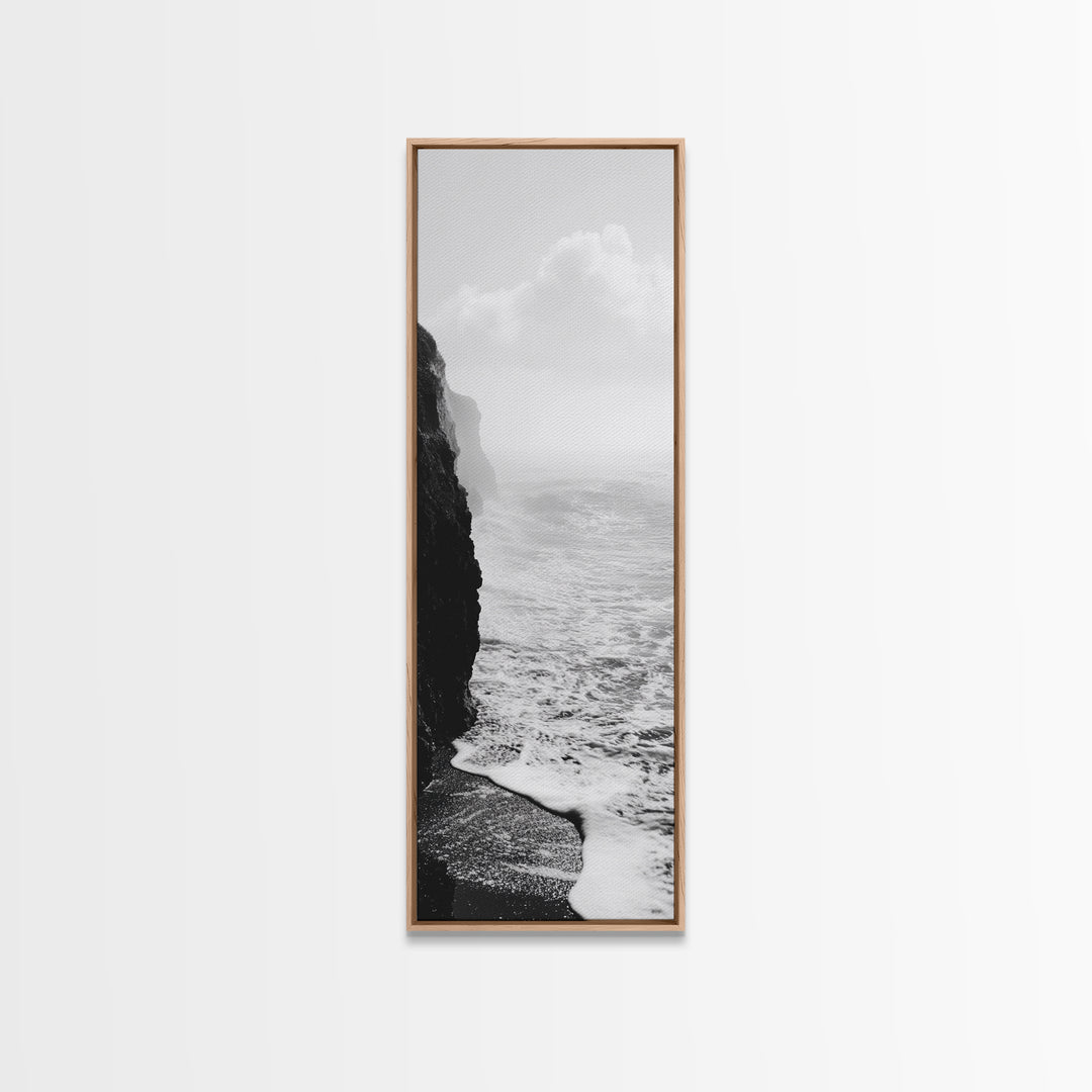 Coastal Cliff, Ocean Waves, Monochrome Seascape, Framed Canvas Print, Minimalist Ocean Art, Bathroom Decor, Nautical Wall Art
