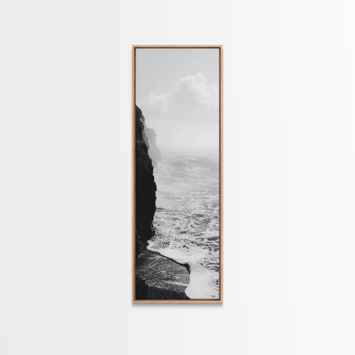 Coastal Cliff, Ocean Waves, Monochrome Seascape, Framed Canvas Print, Minimalist Ocean Art, Bathroom Decor, Nautical Wall Art