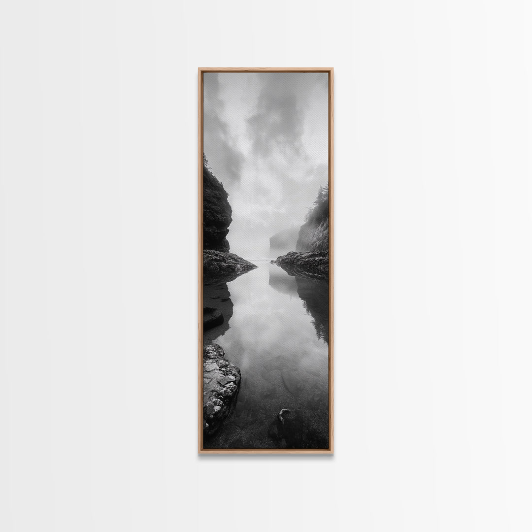 Misty Inlet, Rocky Shoreline, Tranquil Waters, Canvas Print, Moody Landscape Photography, Living Room Art, Nature Inspired Decor