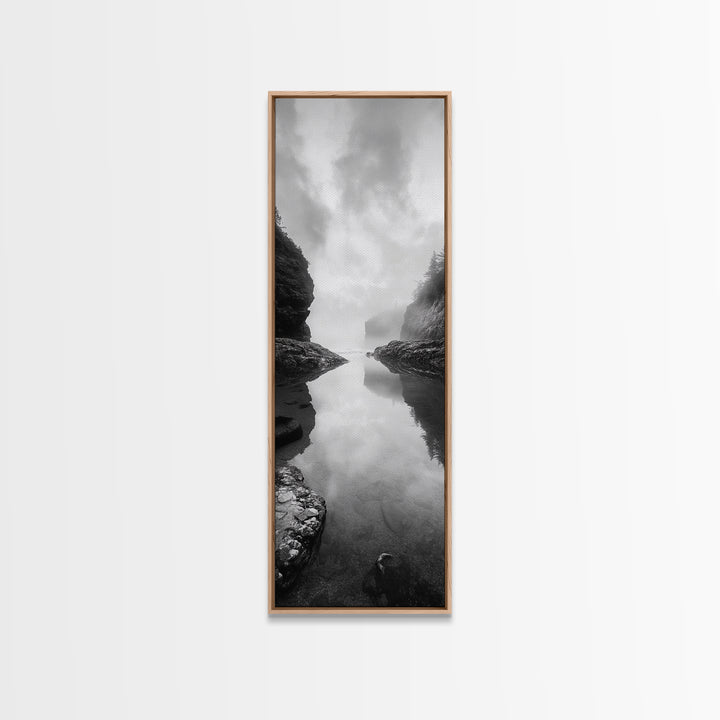 Misty Inlet, Rocky Shoreline, Tranquil Waters, Canvas Print, Moody Landscape Photography, Living Room Art, Nature Inspired Decor