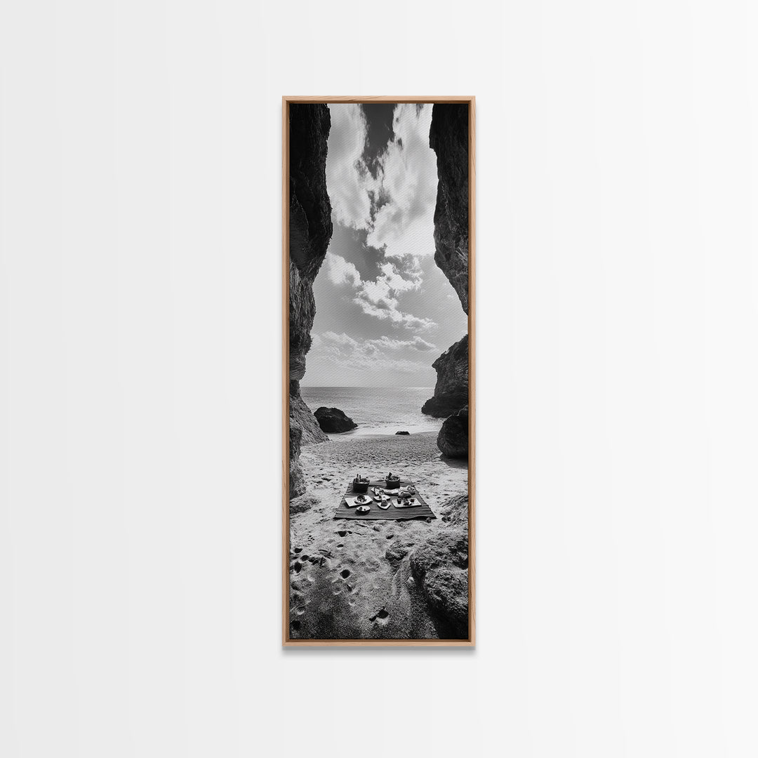 Beach Picnic, Seaside Cave, Ocean View, Framed Canvas Print, Minimalist Coastal Art, Dining Room Decor, Romantic Escape Vibes, Nautical Decor