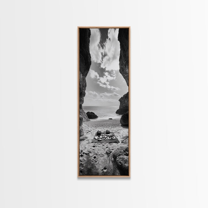 Beach Picnic, Seaside Cave, Ocean View, Framed Canvas Print, Minimalist Coastal Art, Dining Room Decor, Romantic Escape Vibes, Nautical Decor