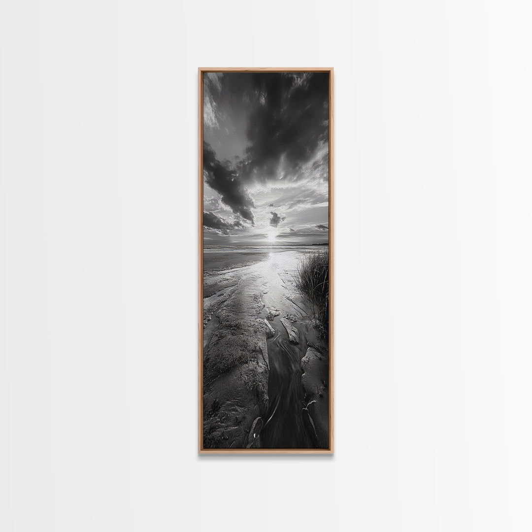 Sunset Shore, River Stream, Dramatic Sky, Framed Canvas Print, Nature Wall Art, Fall Landscape Decor, Tranquil Home Accent, Rustic Room Decor