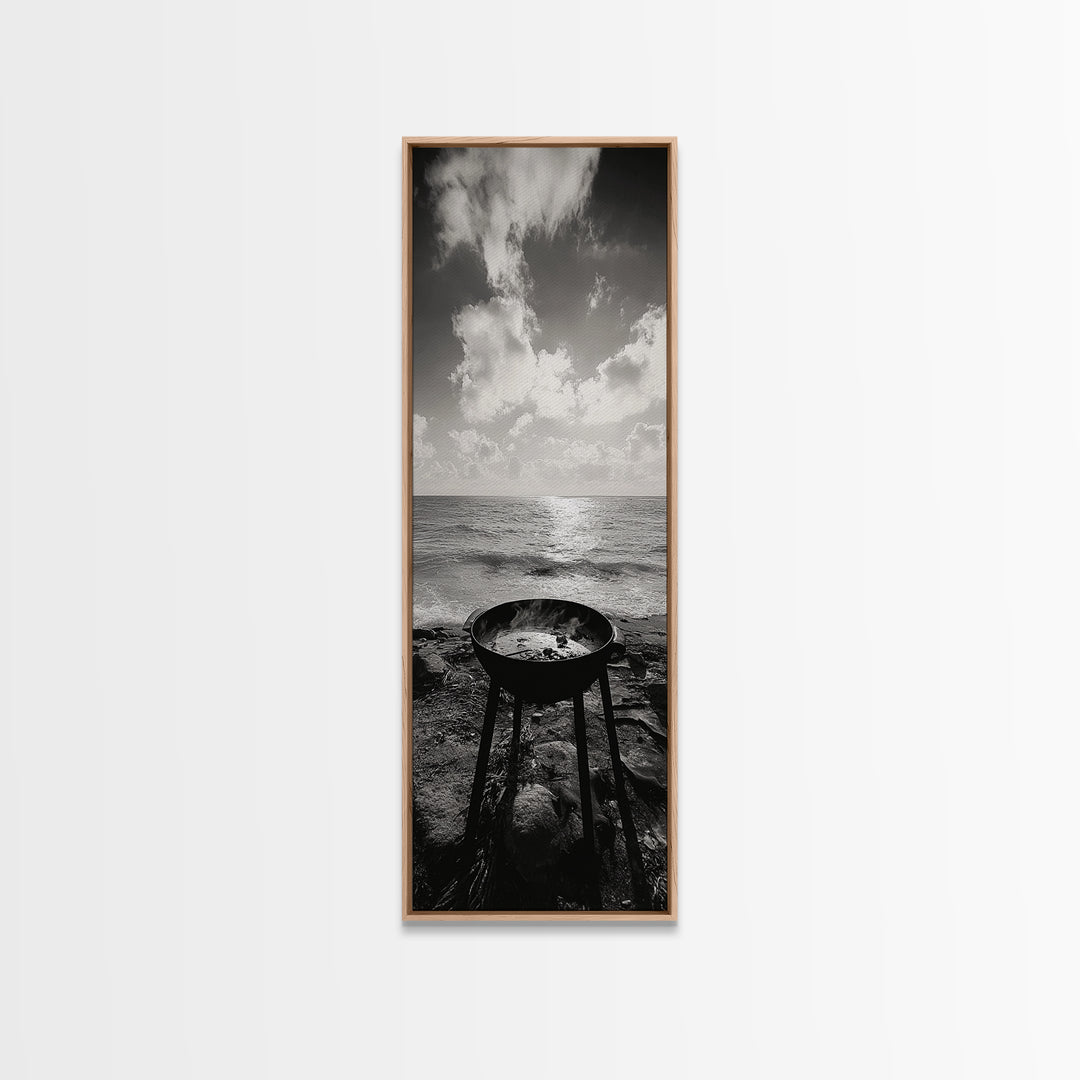Smoky Grill, Seaside BBQ, Coastal Cooking, Framed Canvas Print, Rustic Outdoor Kitchen Art, Summer Vibes Wall Decor, Moody Beach Scene