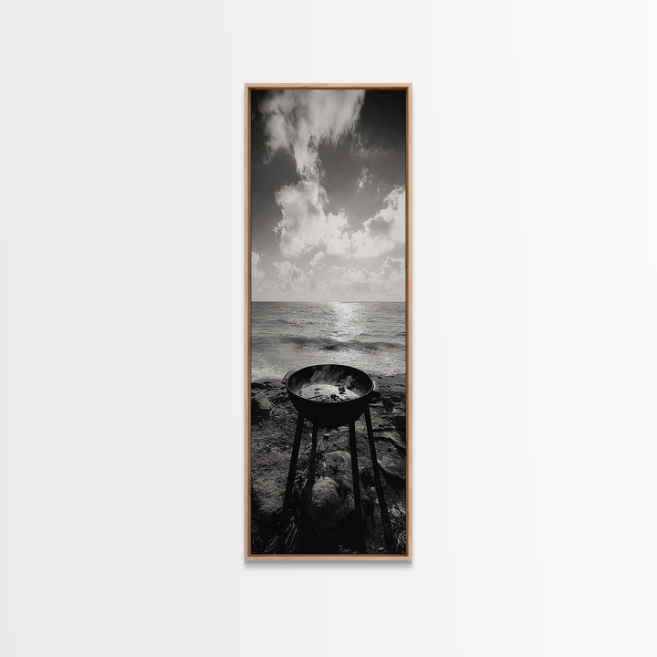 Smoky Grill, Seaside BBQ, Coastal Cooking, Framed Canvas Print, Rustic Outdoor Kitchen Art, Summer Vibes Wall Decor, Moody Beach Scene