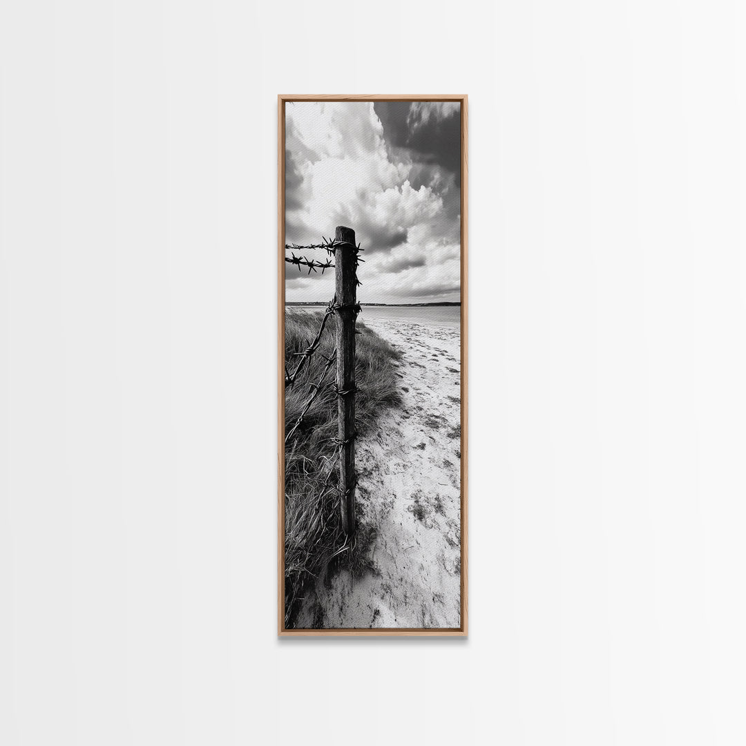 Barbed Fence, Sandy Dunes, Stormy Skies, Moody Coast, Natural Tension, Framed Canvas Print, Living Room Wall Art, Modern Western Decor