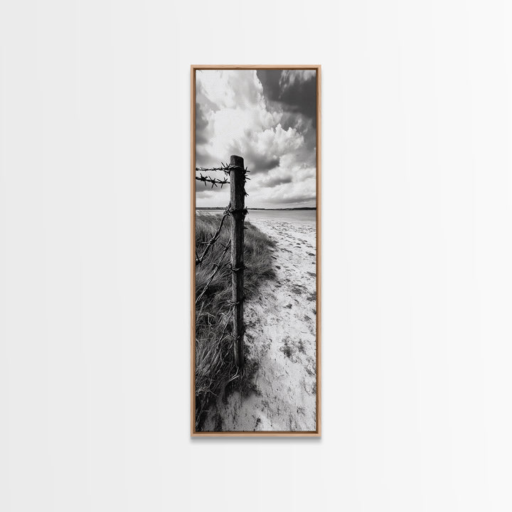 Barbed Fence, Sandy Dunes, Stormy Skies, Moody Coast, Natural Tension, Framed Canvas Print, Living Room Wall Art, Modern Western Decor