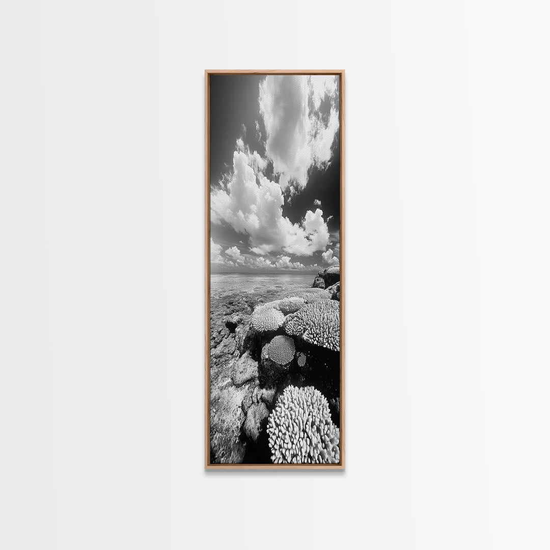 Coral Reef, Ocean Horizon, Puffy Clouds, Framed Canvas Print, Coastal Bathroom Art, Nautical Decor, Black and White Beach Style