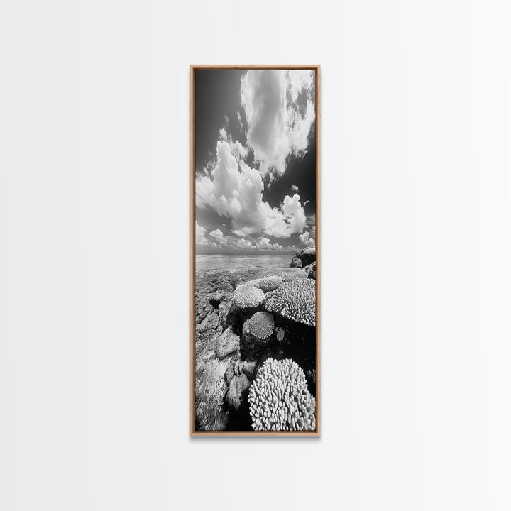 Coral Reef, Ocean Horizon, Puffy Clouds, Framed Canvas Print, Coastal Bathroom Art, Nautical Decor, Black and White Beach Style