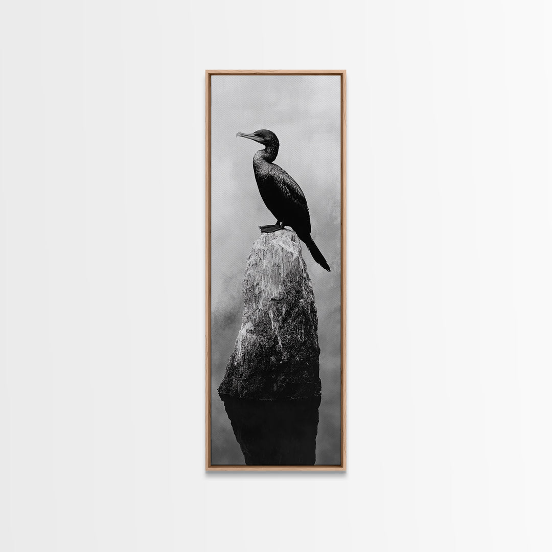 Cormorant Bird, Driftwood Perch, Moody Sky, Framed Canvas Print, Coastal Wildlife Wall Art, Nature Lover Gift, Rustic Room Decor